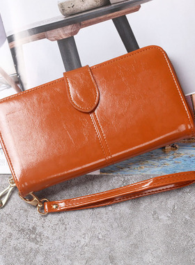 Leather Women Long Zipper Oil Wax Wallet Big Capacity Hasp Z