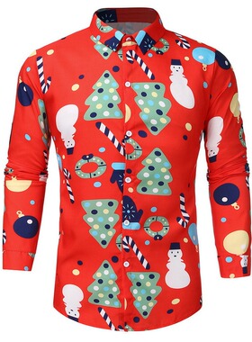 Men Long Sleeve Shirt Christmas Shirt Banquet Holiday Printe
