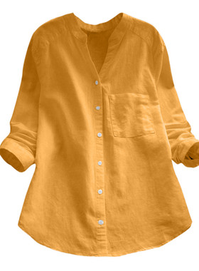 Women Button Cotton Linen Casual Solid Long Sleeve Blouses A