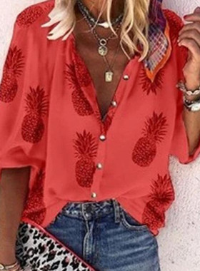 Casual Pineapple Print Office Blouses Women  Autumn Lapel la