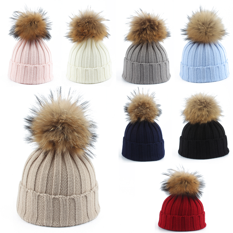 Big Fur Pom pom Beanie Hats Kids Girls Boys Warm Knitted Win-图0