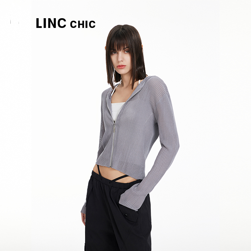 LINCCHIC金羽杰2024年夏季新品短款连帽针织开衫S242CR416-图2