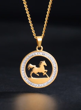 NG镶钻木马吊坠钛钢项链女款百搭