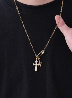 NG别针十字架吊坠钛钢情侣项链