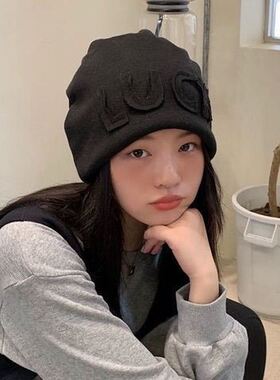 毛线帽登山秋冬季日系显脸小字母冷帽女网红护耳包头针织帽大头围