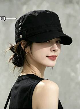 药盒帽复古铆钉平顶马术女