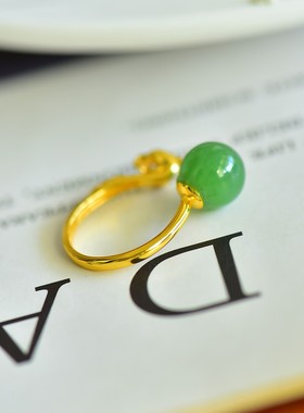 S925银镀18K金镶嵌天然新疆和田玉碧玉单珠凤凰戒指高档时尚指环