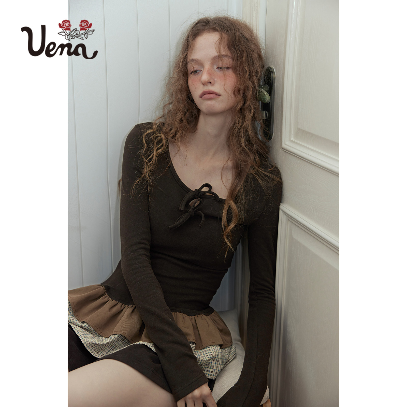 【精灵的祈愿】Uena棕色多层蛋糕裙摆圆领长袖修身连衣裙附打底裤,淘宝优惠券,粉丝福利购,淘宝优惠卷