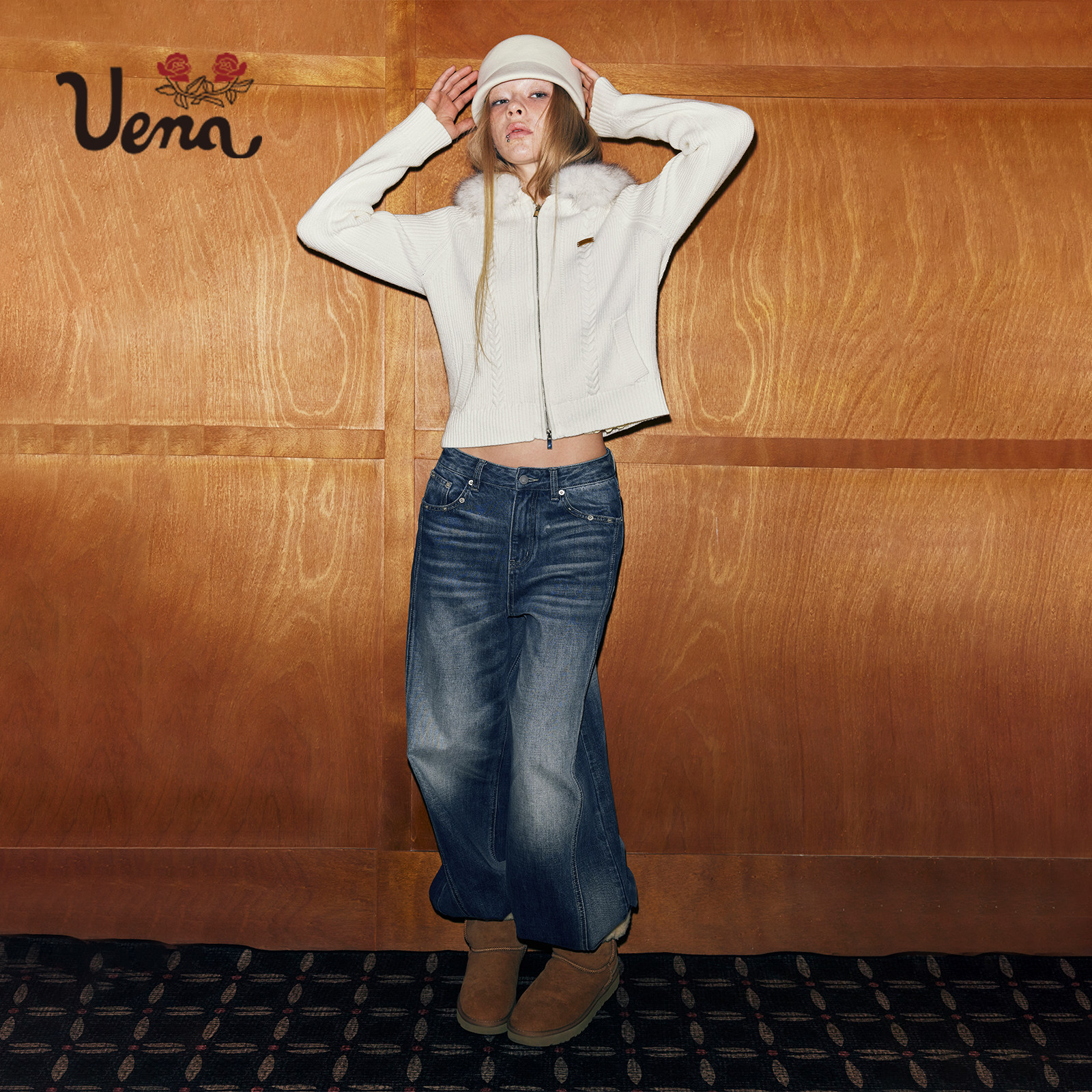 【薄云冷山】Uena白色可拆卸毛领连帽毛针织开衫直筒休闲裤套装女,淘宝优惠券,粉丝福利购,淘宝优惠卷