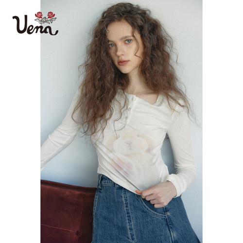 【布蕾小兔】Uena白色兔子印花半开门襟圆领长袖T恤短款修身上衣 - 图2