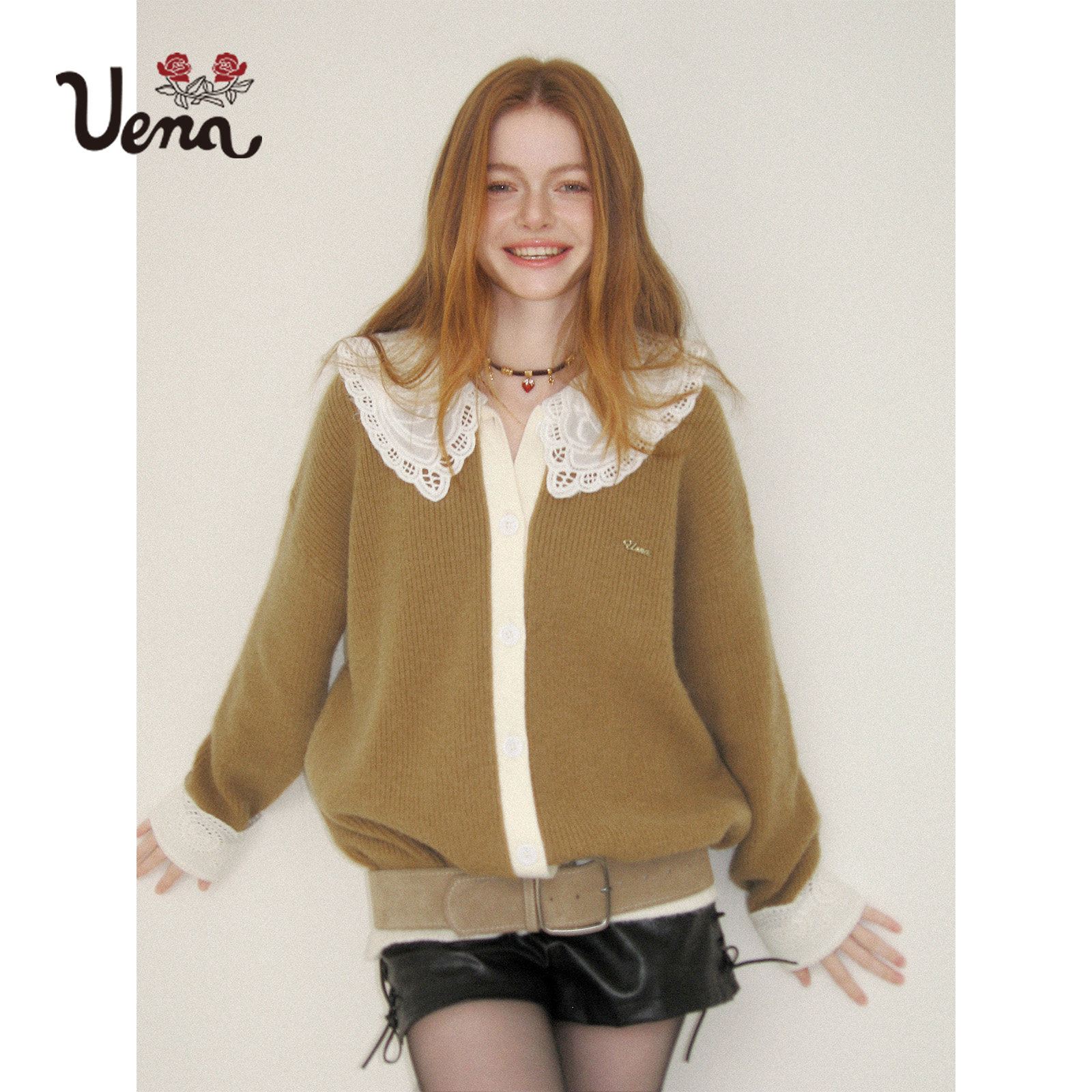 【沉香旷野】Uena美式复古蕾丝花边娃娃领卡其色宽松毛针织开衫女,淘宝优惠券,粉丝福利购,淘宝优惠卷