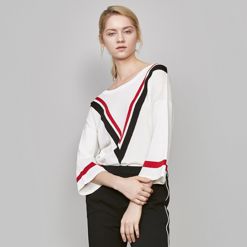 艾格条纹喇叭袖针织衫2023夏季衬衣 艾格旗舰毛针织衫