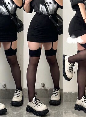 红色边黑丝肤丝吊带一体过膝袜女ins潮性感撞色纯欲风高长筒