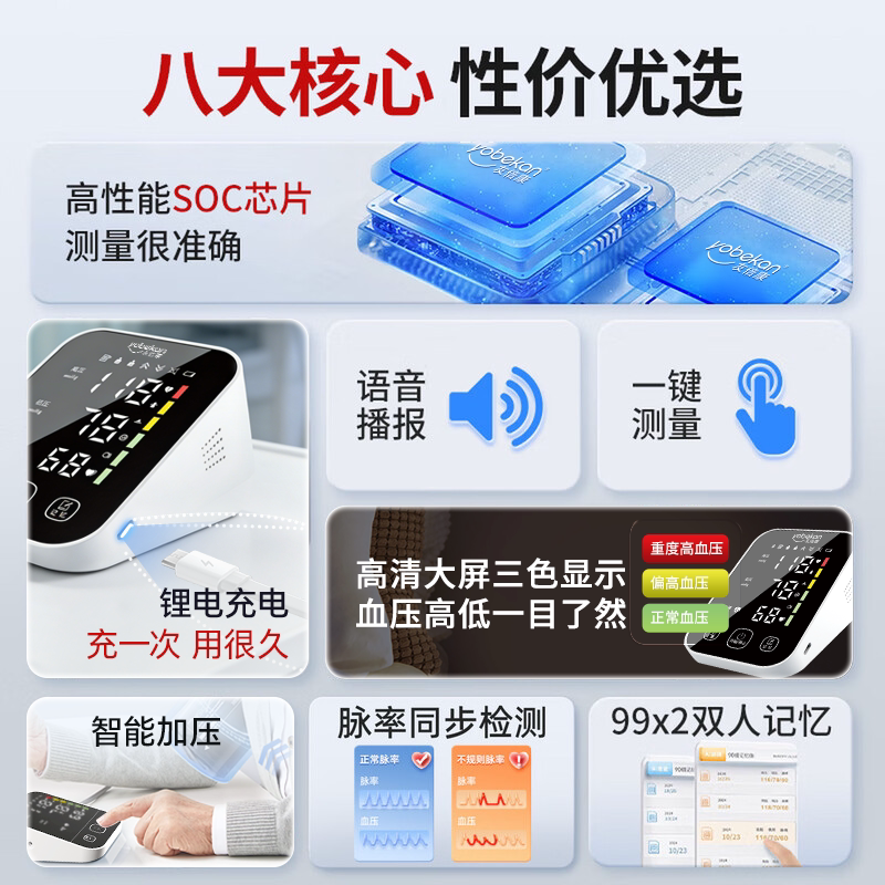 友倍康高清电子血压计上臂式语音播报99组双人记忆中老年便携家用