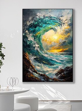 侘寂风手绘立体海浪肌理油画