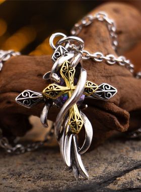 蔓藤双层十字架吊坠项链复古个性