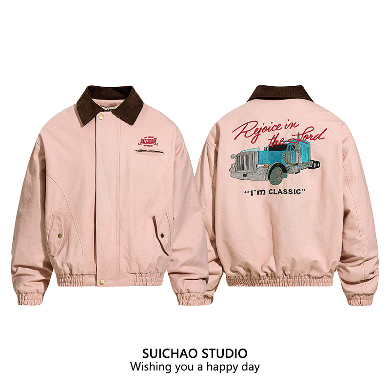 SUICHAO 美式复古风毛内里保暖教练夹克外套休闲古着刺绣宽松棉服 - 图2
