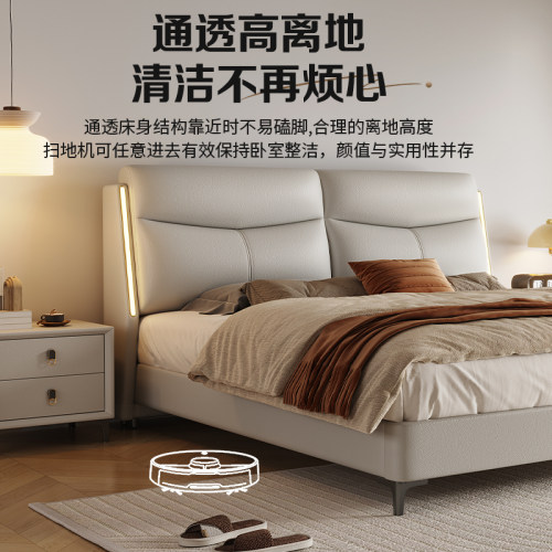 政府补贴真皮床带灯现代简约主卧婚床双人高端大气卧室软包极简床 - 图2