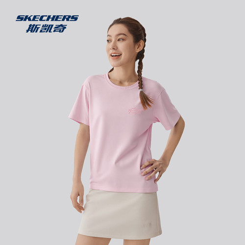 夏季新款斯凯奇官方outlet夏新品女士纯色休闲百搭针织短袖男子 - 图1