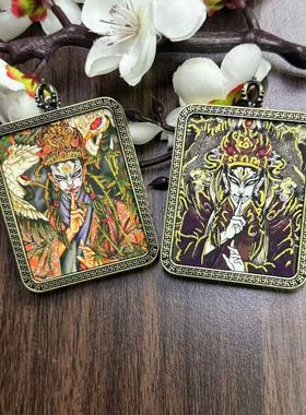 道家半手绘描金白鹤童子古铜色白鹤童子唐卡坠万字框嘎乌唐卡送绳