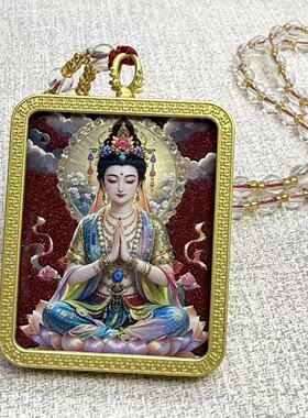 新款手工矿砂唐卡吊坠项链西藏式风格民族风挂件莲花绿度母送珠链