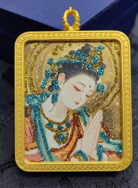 唐卡盒彩钻扎基拉姆前世今生唐卡吊坠鎏金半手绘镶钻绿度母唐卡
