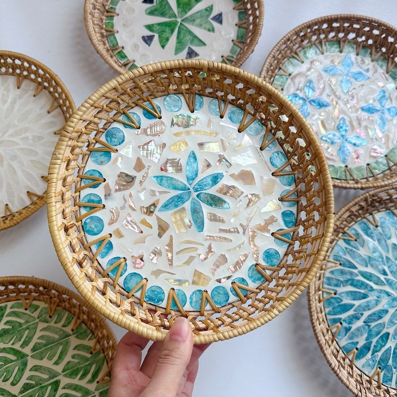 越南藤编贝壳托盘圆形点心果盘家用零食收纳篮馒头筐彩色水果盘,淘宝优惠券,粉丝福利购,淘宝优惠卷