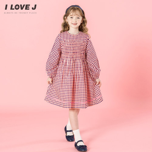 ILOVEJ童装2025秋季女童纯棉格子连衣裙韩版褶皱公主裙子/JXSOP02 - 图1