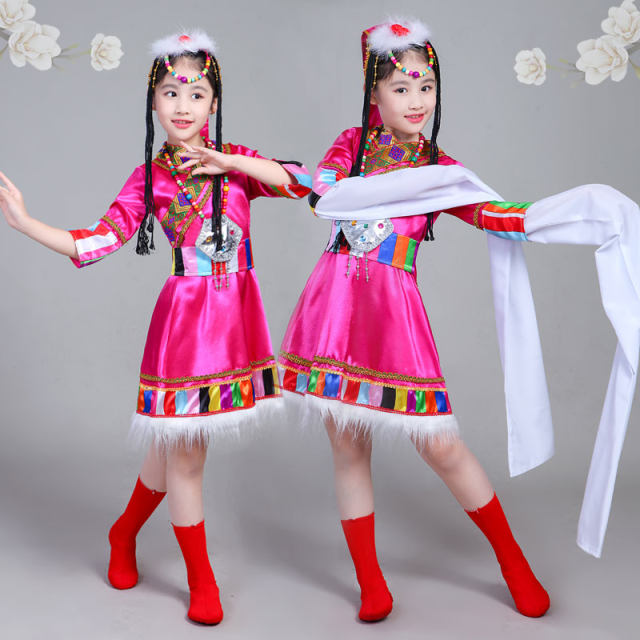 新款儿童藏族舞蹈演出服装女童少儿西藏少数民族表演服民族风水袖