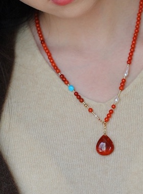 SUMOJEWEL《半江瑟瑟半江红》新中式原创复古南红吊坠项链