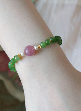 SUMOJEWEL【宫墙柳】新中式复古风粉绿撞色原创设计碧玉手链气质