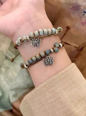 新中式复古民族风编织陶瓷蝴蝶手链女国风元素文艺手绳百搭饰品潮