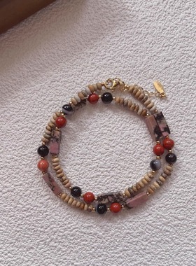 复古美拉德敦煌配色浅棕色红黑玛瑙项链新中式国潮毛衣链包邮