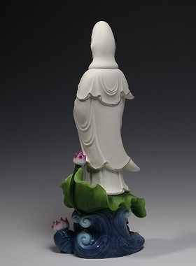 速发德化陶瓷18吋世荷观术音菩萨像立三莲观音佛像供奉艺立品