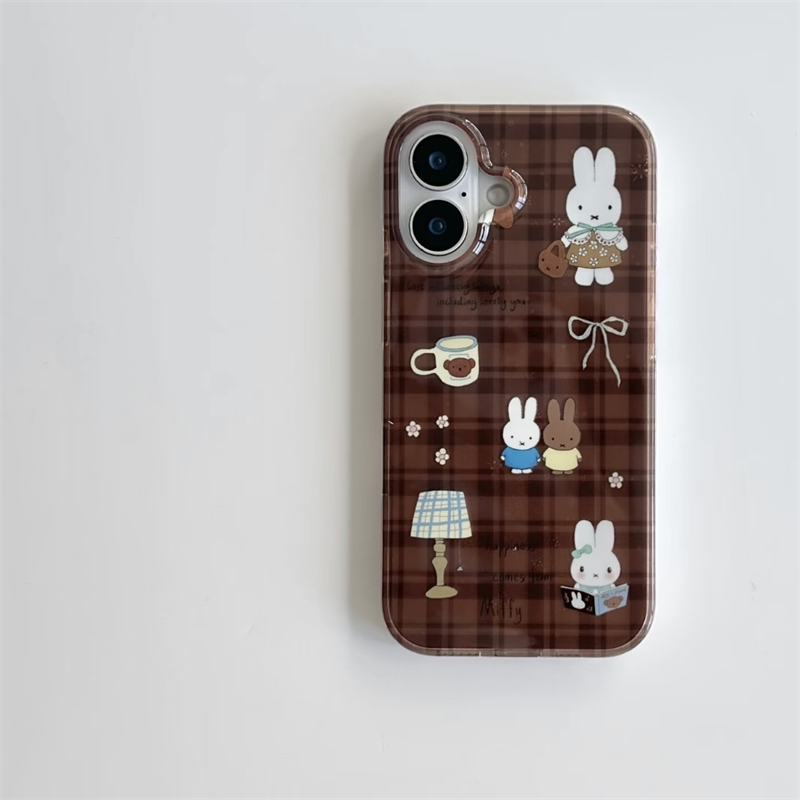 棕色格纹可爱米菲兔适用苹果17promax手机壳iPhone16新款15/13双层壳12华为P70荣耀400vivo小米14红米K80oppo - 图1
