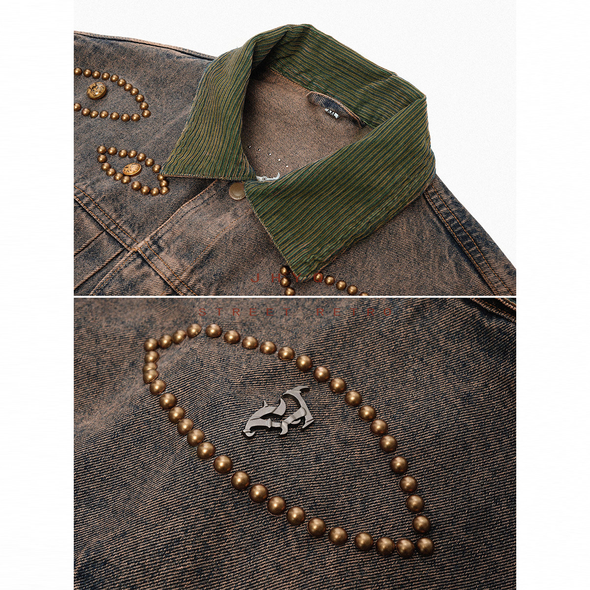 JHYQ美式复古钉珠做旧牛仔外套男秋冬高级感痞帅夹克高街牛仔衣,淘宝优惠券,粉丝福利购,淘宝优惠卷