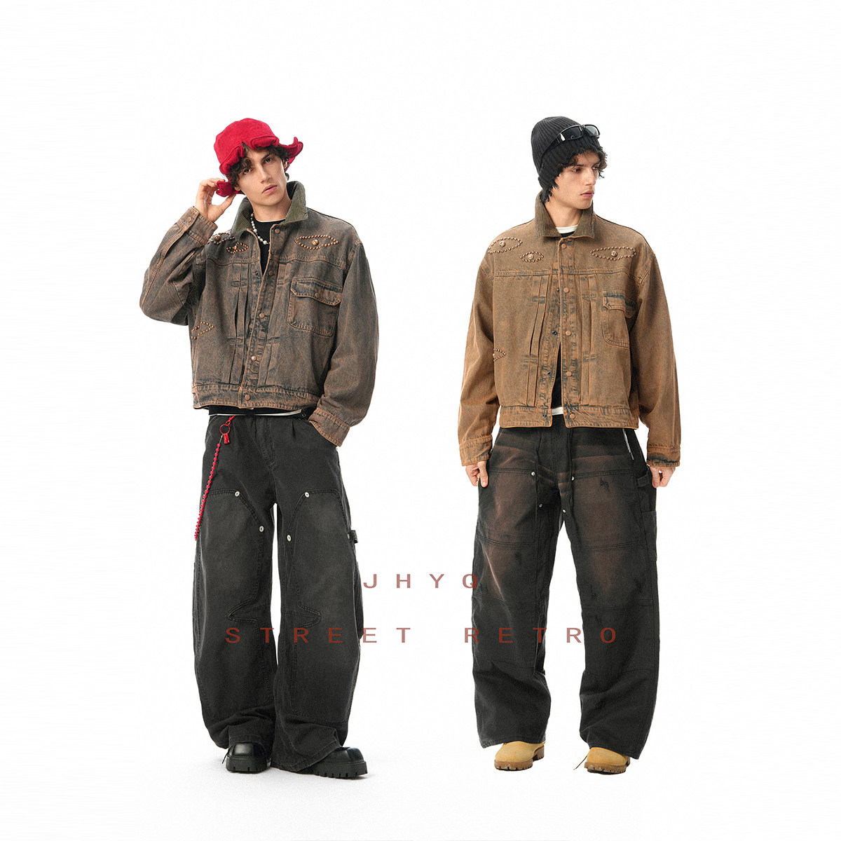JHYQ美式复古钉珠做旧牛仔外套男秋冬高级感痞帅夹克高街牛仔衣,淘宝优惠券,粉丝福利购,淘宝优惠卷