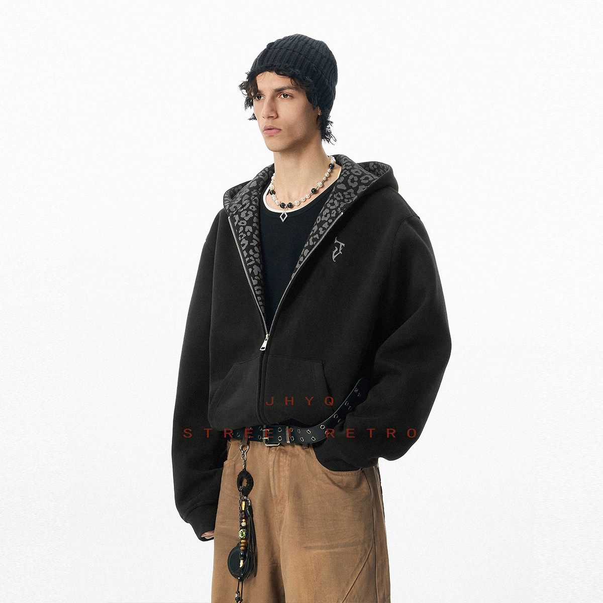 豹纹系列丨JHYQ短版型卫衣美式宽松慵懒加大帽沿连帽男女开衫外套,淘宝优惠券,粉丝福利购,淘宝优惠卷