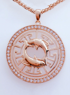 俄罗斯585紫金镶嵌圆牌双鱼座女士镀14K玫瑰金经典锁骨链百搭优雅