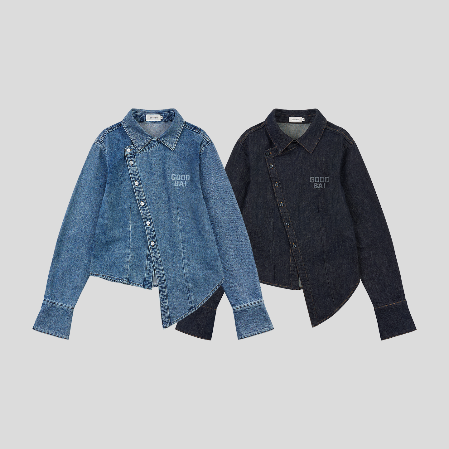 GOODBAI 粗体logo印花翻领斜襟不规则下摆收腰长袖牛仔衬衫 - 图0