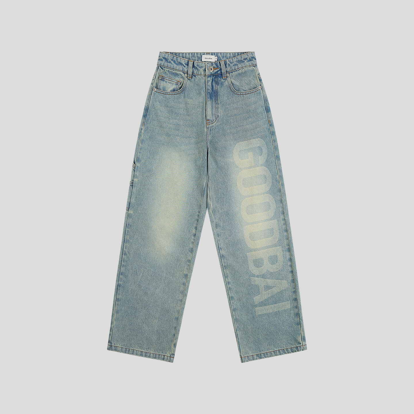 GOODBAI logo同色大印花经典直筒牛仔裤 - 图3