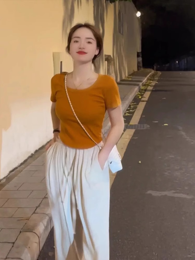 多巴胺夏季穿搭修身显瘦新款弧形下摆设计感短款短袖上衣女装韩版