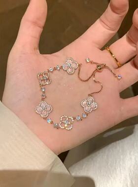 S999纯银粉色四叶草手链微镶千金感可调节精致高级感设计手饰女