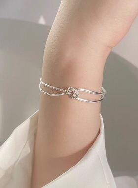 s999纯银双层打结拼接手链女ins小众设计极简风绳结半镯闺蜜手饰