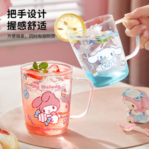 三丽鸥玻璃杯带把手家用helloKitty喝水杯子女生刻度牛奶杯果汁杯 - 图2