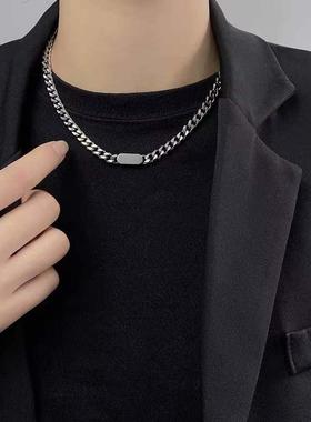 嘻哈潮酷方牌钛钢古巴项链