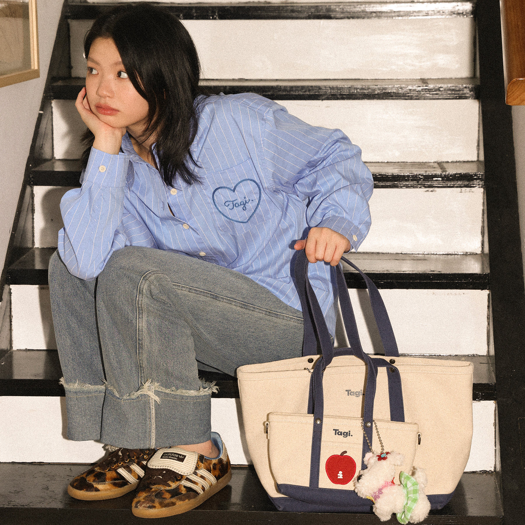 Tagi.《想象苹果》拼色通勤复古单肩包帆布托特手提斜挎包,淘宝优惠券,粉丝福利购,淘宝优惠卷