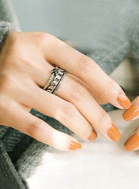 多层麻花锁链戒指女士时尚个性复古光面黑钻链条开口戒指泰银指环