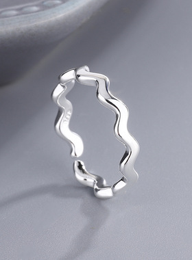 新款简约森系甜美扭线光面波指环开口韩版个性创意小波浪银饰品