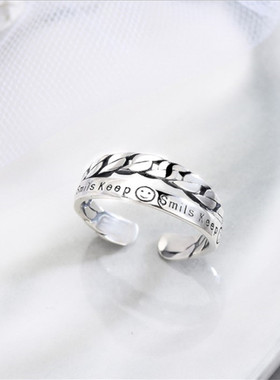 0713简约创意笑脸字母戒指女复古做旧双层锁链开口戒指个性指环女
